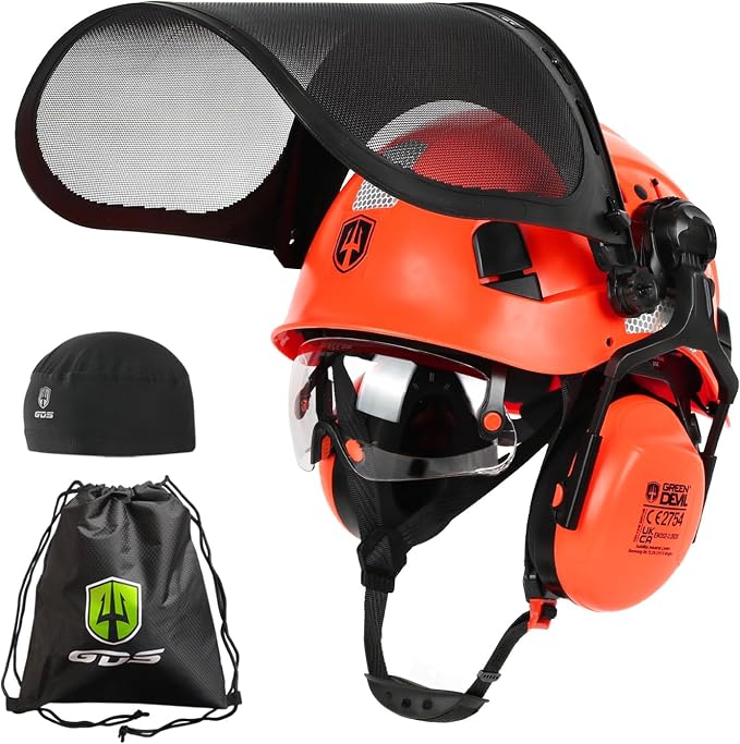 GREEN DEVIL Casco de seguridad para motosierra forestal EN397, certificado EN397, sistema 5 en 1 con protección facial de malla, visera integrada y orejeras, ventilado, para trampas de madera y