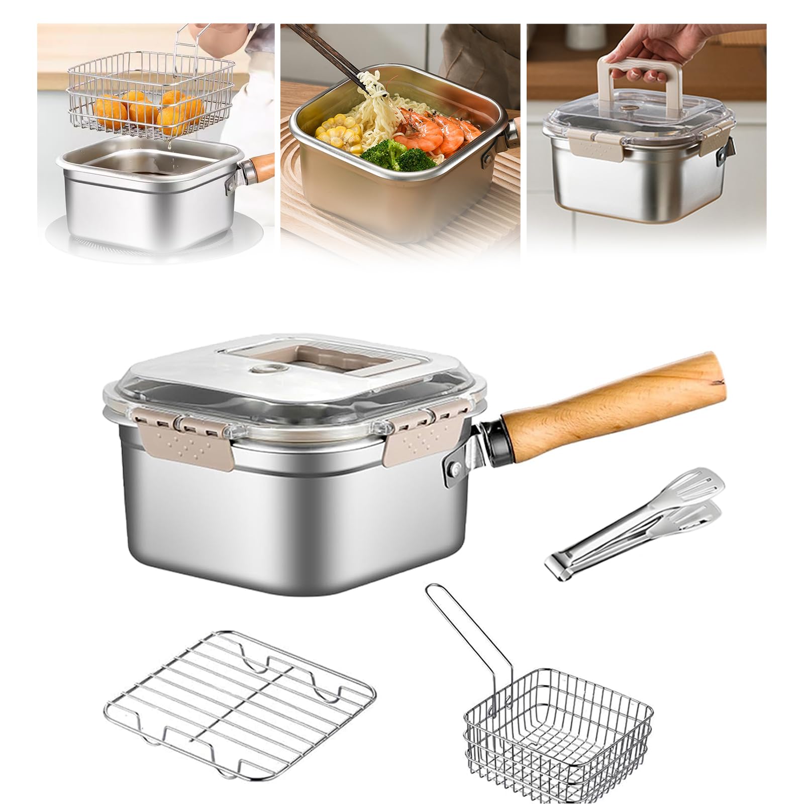Stainless Steel Deep Fryer,Portable Outdoor Cooking Pot with Basket,Lid,Handle,and Oil Filter Screen,Multi-Functional Food Container,Perfect for Frying Chicken,French Fries,or Noodles,2.5L/84oz