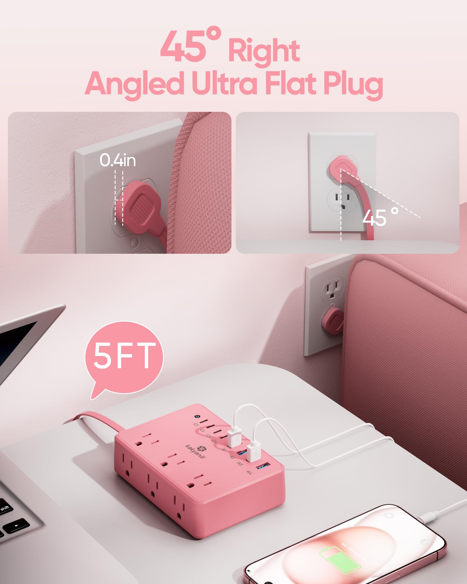 Kakyanill - Regleta de alimentación rosa, 6 salidas de CA, 8 puertos USB (4 USB C) con protector de sobretensiones 2000J, cable de extensión de enchufe plano de 5 pies, compacto para computadora