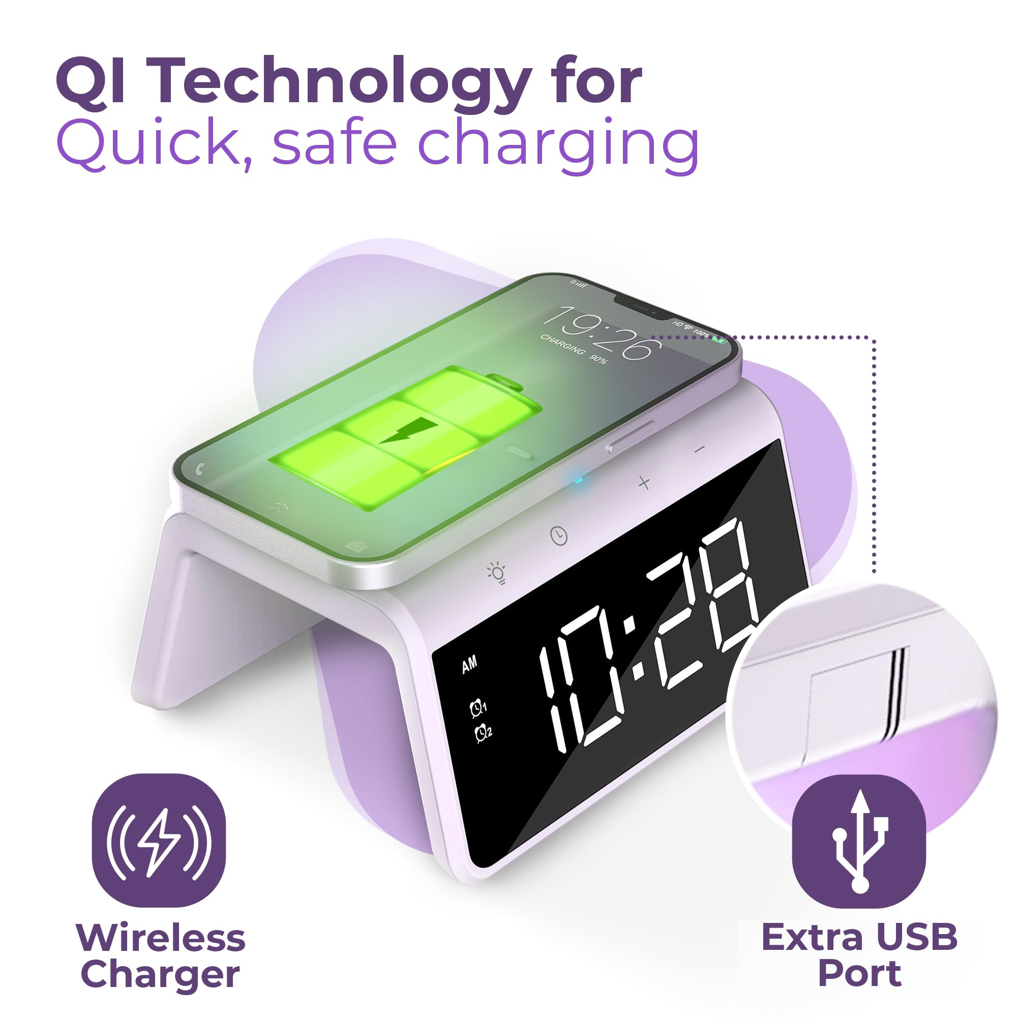 Caliber Despertador Digital con Luz, Doble Alarma, Cargador Inalámbrico Rápido, Despertador Mañana y Despertador Niño, Reloj Digital Luminoso, Ideal para Niños y Adultos