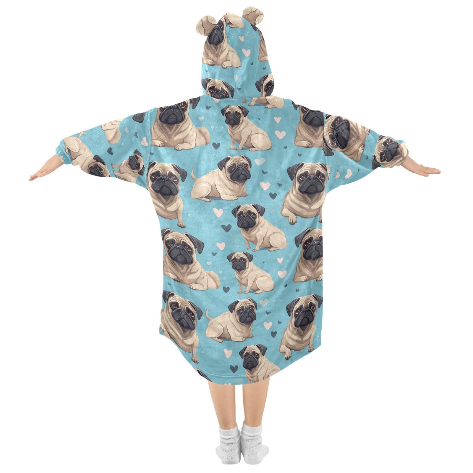 AMmao Blue Pug Dog Wearable Blanket Hoodie Kids Flannel Oversized Blanket Sweatshirt with Hood Pocket Cozy Soft Warm Hooded Blanket for Boys Girls 3-14 Year, M