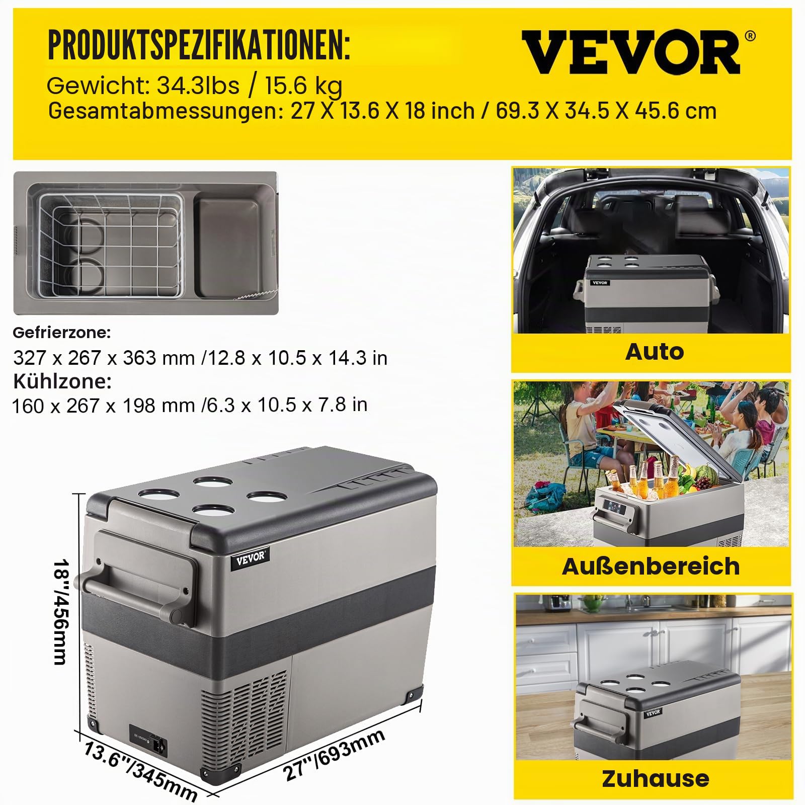 VEVOR Auto Kühlschrank 45L Kompressorkühlbox 60W Tragbarer Kühlschrank