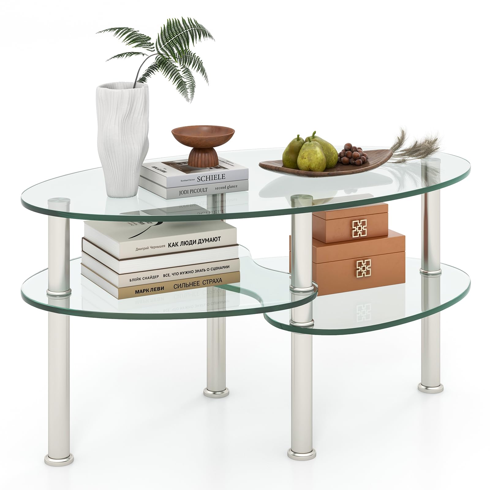 GIANTEX Tavolino da salotto in vetro temperato, tavolino ovale con 3 ripiani in vetro e gambe in acciaio inox con poggiapiedi, elegante tavolo da soggiorno per ufficio e casa, 89 × 49 × 45 cm