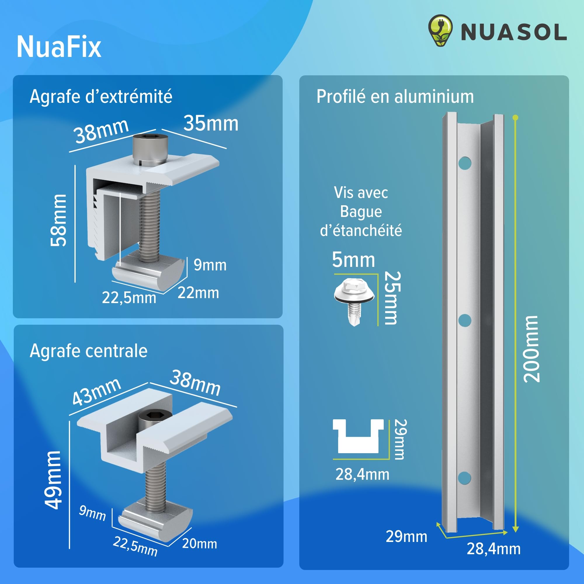 Kit de montage photovoltaïque pour toit en tôle trapézoïdale | Fixation pour 2 modules | Profil en U 20 cm | Support de panneau solaire avec pince d'extrémité, pince centrale et vis pour