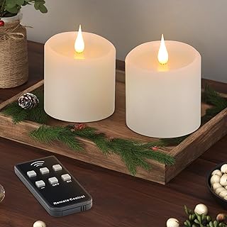 Flickering Flameless Candles, 3D Moving Flame Battery Operated Candles with Timer and Remote, Last 600+ Hours Flameless Candles, Fake Candles, Real Wax Pillar Electric LED Candle 3"x3" 2 Pack