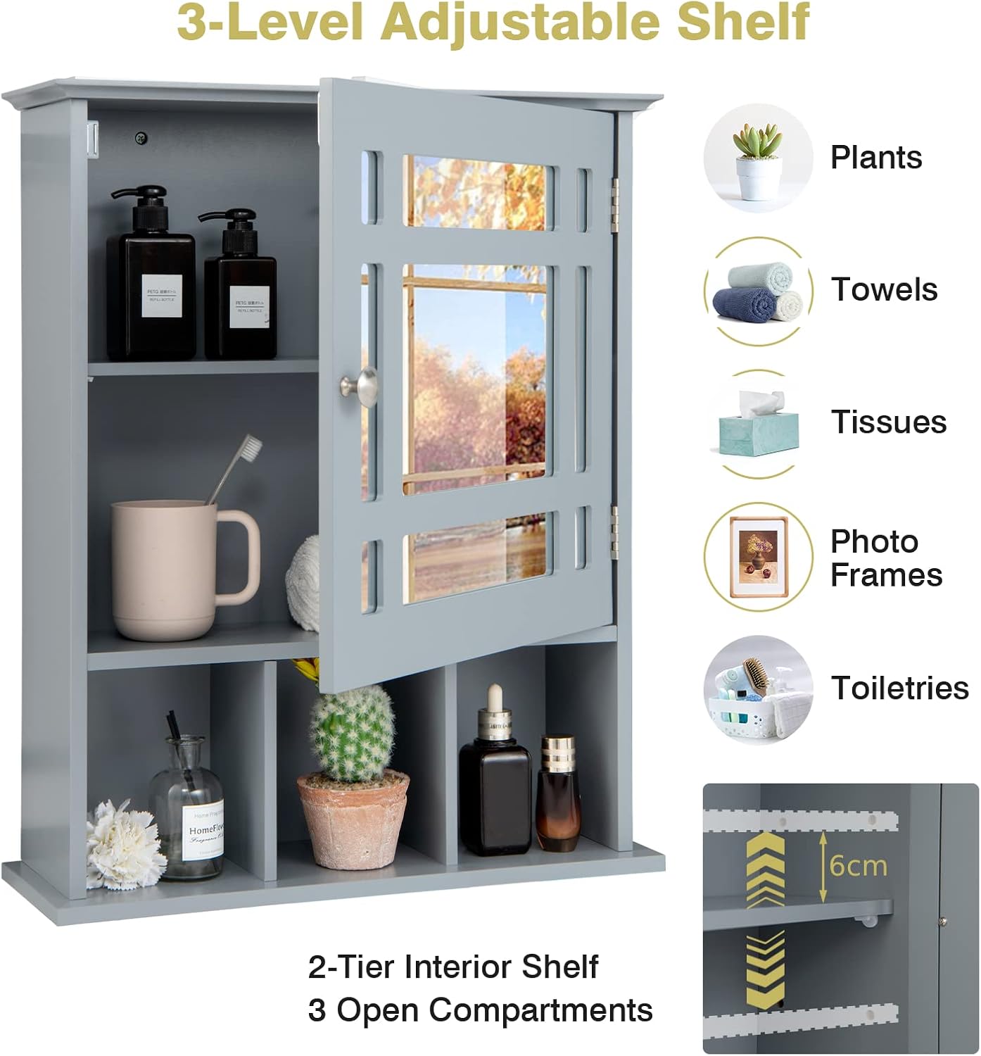 Bathroom Mirror Cabinet, Wall Mounted Storage Cupboard with Adjustable Shelf and 3 Open Compartments, Wooden Single Door Display Organizer for Bedroom Living Room Kitchen (Grey)