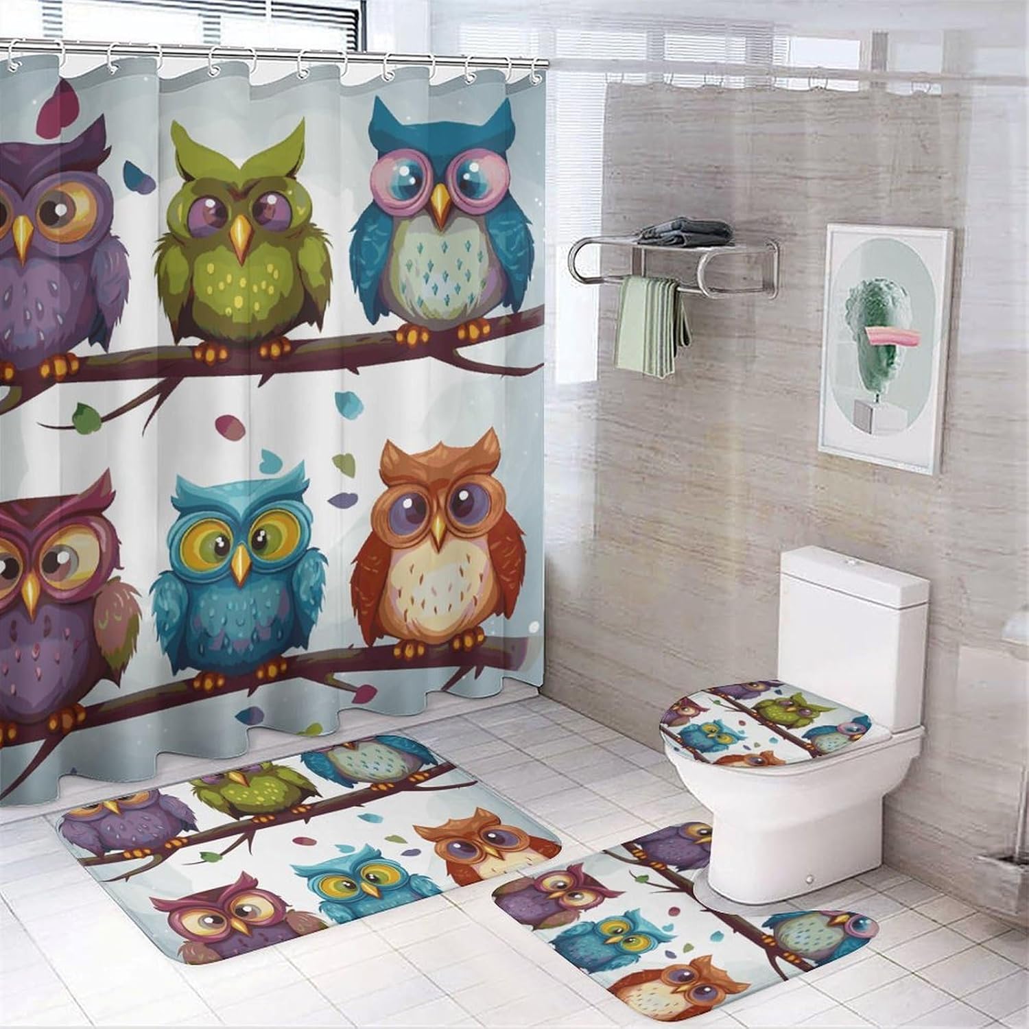 Owls Birds Shower Curtain Set 4 Piece, Non-Slip Bath Mat with Toilet Lid Cover and Waterproof Shower Curtain with 12 Hooks, Complete Bathroom Set for Home Decor