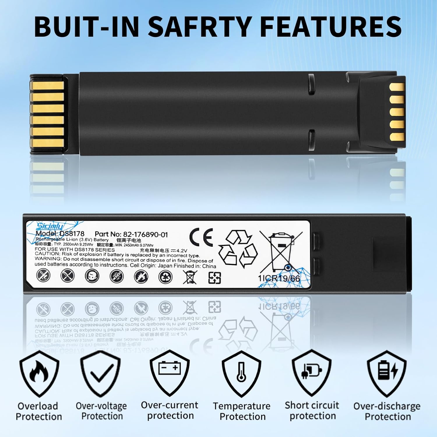 5Pack 82-176890-01 for Zebra DS8178 Scanner Battery:DS8100 DS8178 DS8170 BTRY-DS81EAB0E-00 Barcode Scanner,2500mAh Li-ion, Replacement Battery.