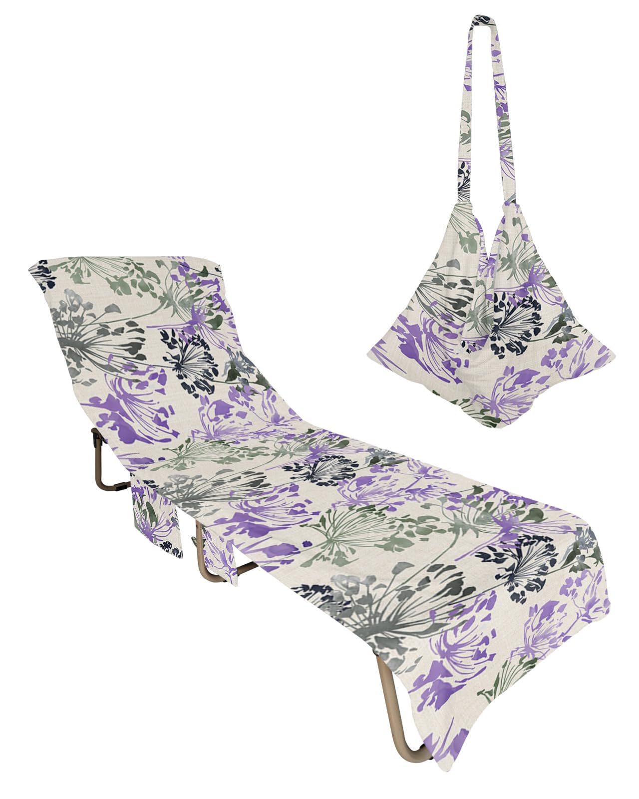 Purple Green Brown Flowers Beach Lounge Chair Towel Cover, Soft Chaise Lounge Towel with Side Pockets Patio Pool Chairs Cover for Beach/Pool Sunbathing 29x85 Spring Floral Botanical Rustic