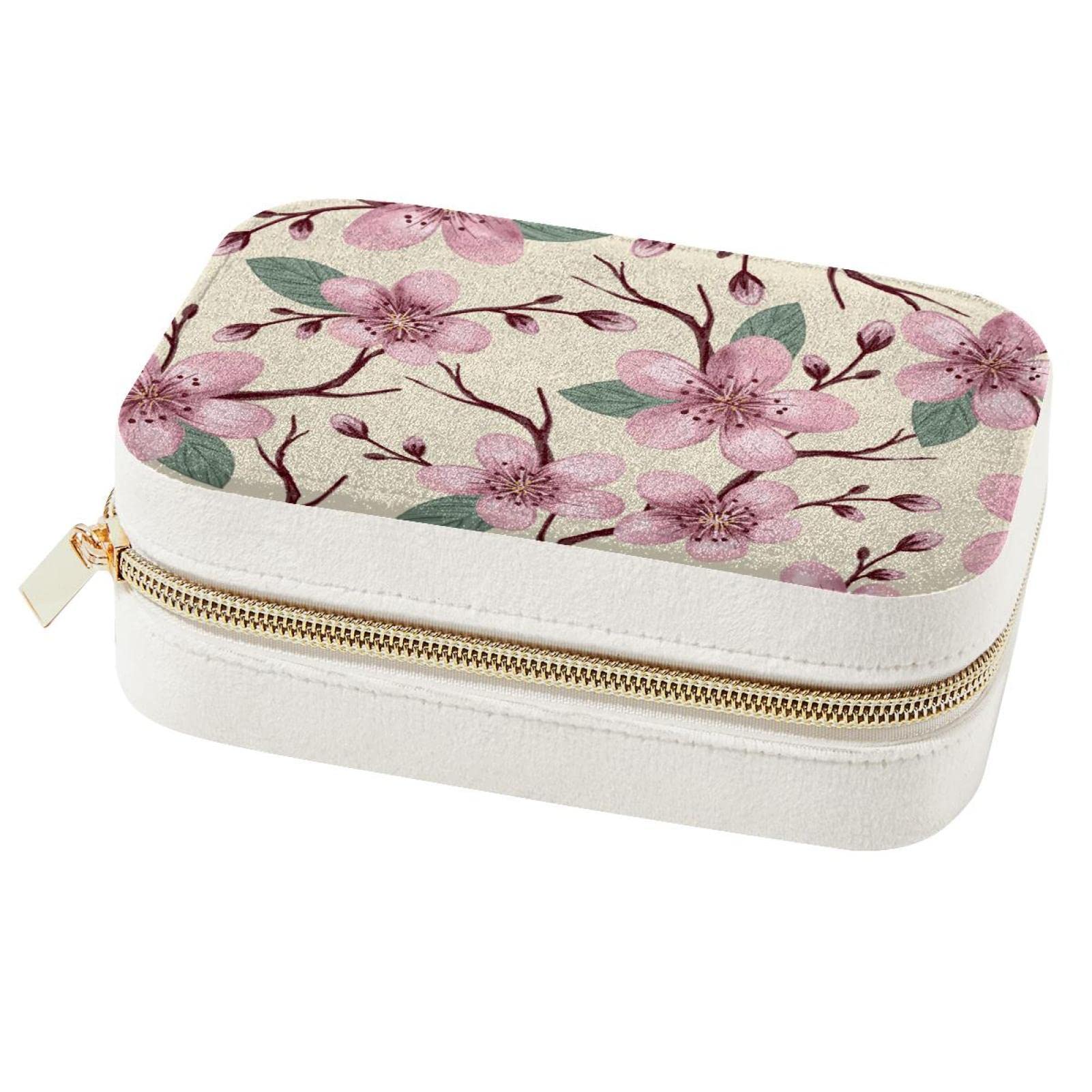 Boîte à bijoux de voyage haut de gamme motif fleurs de cerisier roses