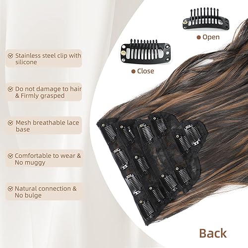 Miniatura 111 de Synthetic Clip in Hair Extensions, 6PCS Natural &Soft Hair& Blends Well Lonng Wavy Hairpieces(20inch,6pcs, Black with Brown Highlights)
