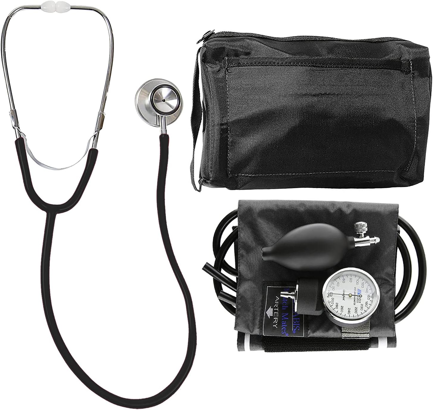 MABIS Blood Pressure Cuff and Dual Head Stethoscope Kit, Combination Home Sphygmomanometer with Calibrated Nylon Cuff, Professional Quality, Carrying Case, Black