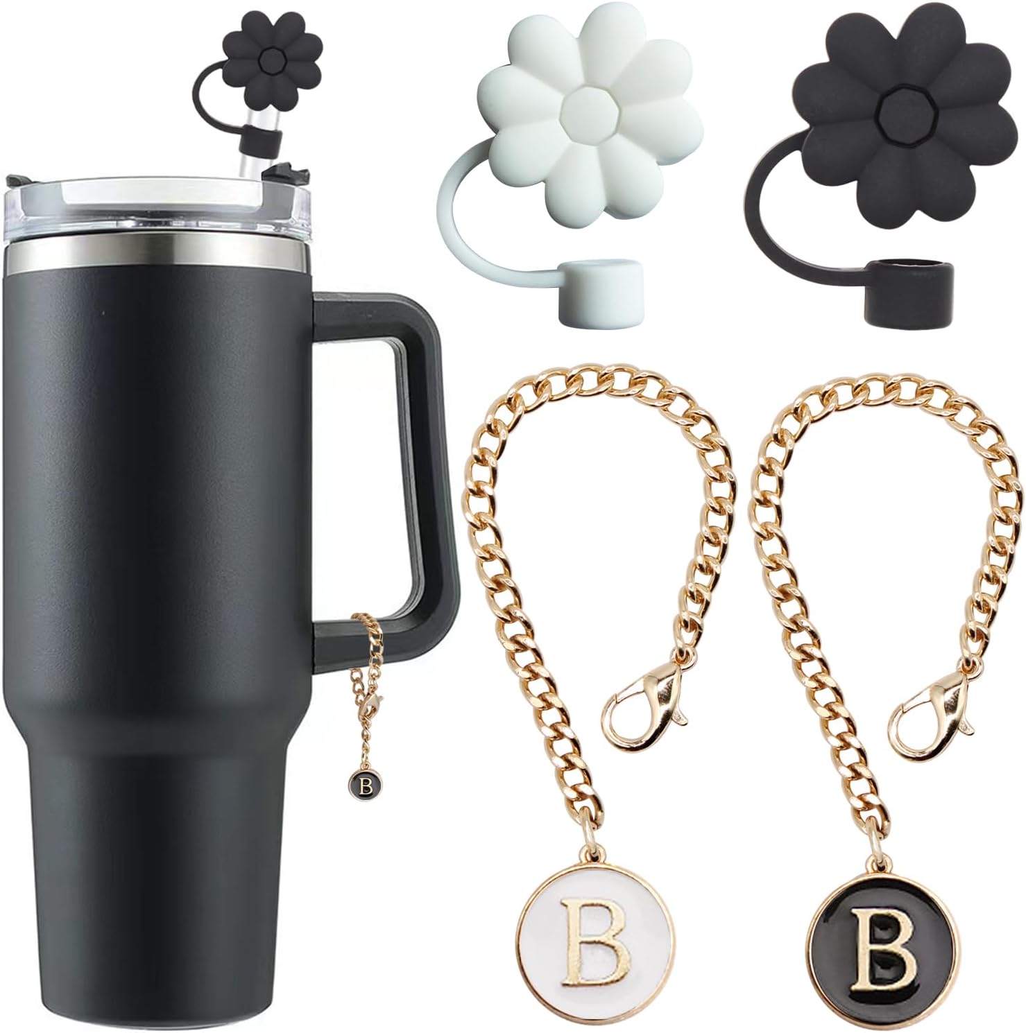 Stanley Cup Accessories,2PCS Straw Cover Cap for Stanley Cup and 2PCS Initial Letter Charm for Stanley 20 30 40 oz Tumbler with Handle (B)