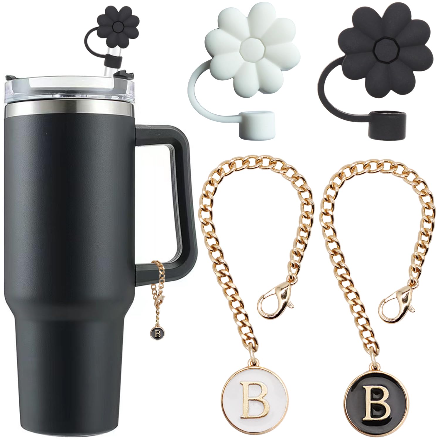 Stanley Cup Accessories,2PCS Straw Cover Cap for Stanley Cup and 2PCS Initial Letter Charm for Stanley 20 30 40 oz Tumbler with Handle (B)