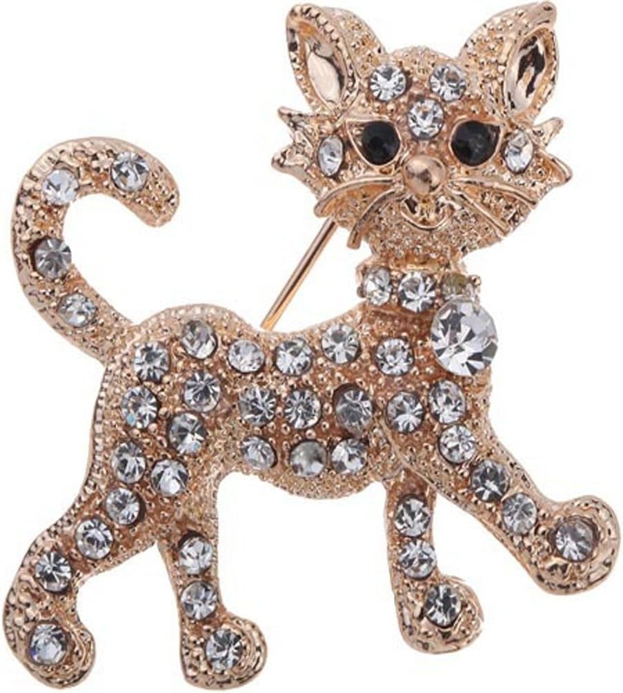 BOLY Womens Gold Plated Alloy Inlaid Crystal Rhinestone Brooch Pin Cute Cat Dress Charm White Diamond