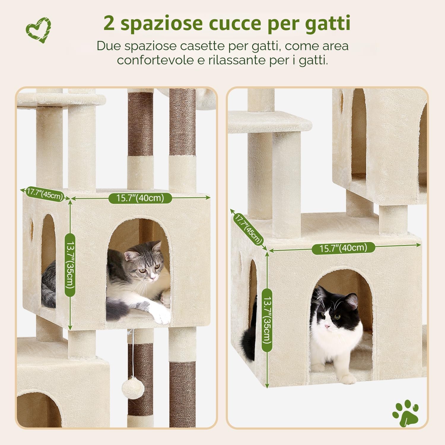 Globlazer Tiragraffi Beige per Gatti Grandi Maine Coon con 2 Extra-large Grotte 45 * 40 * 35, Piattaforma Imbottiti, Pali in Sisal, Stabile Albero Gatti 156 cm per Grandi Gatto Adulti (F61, Beige)