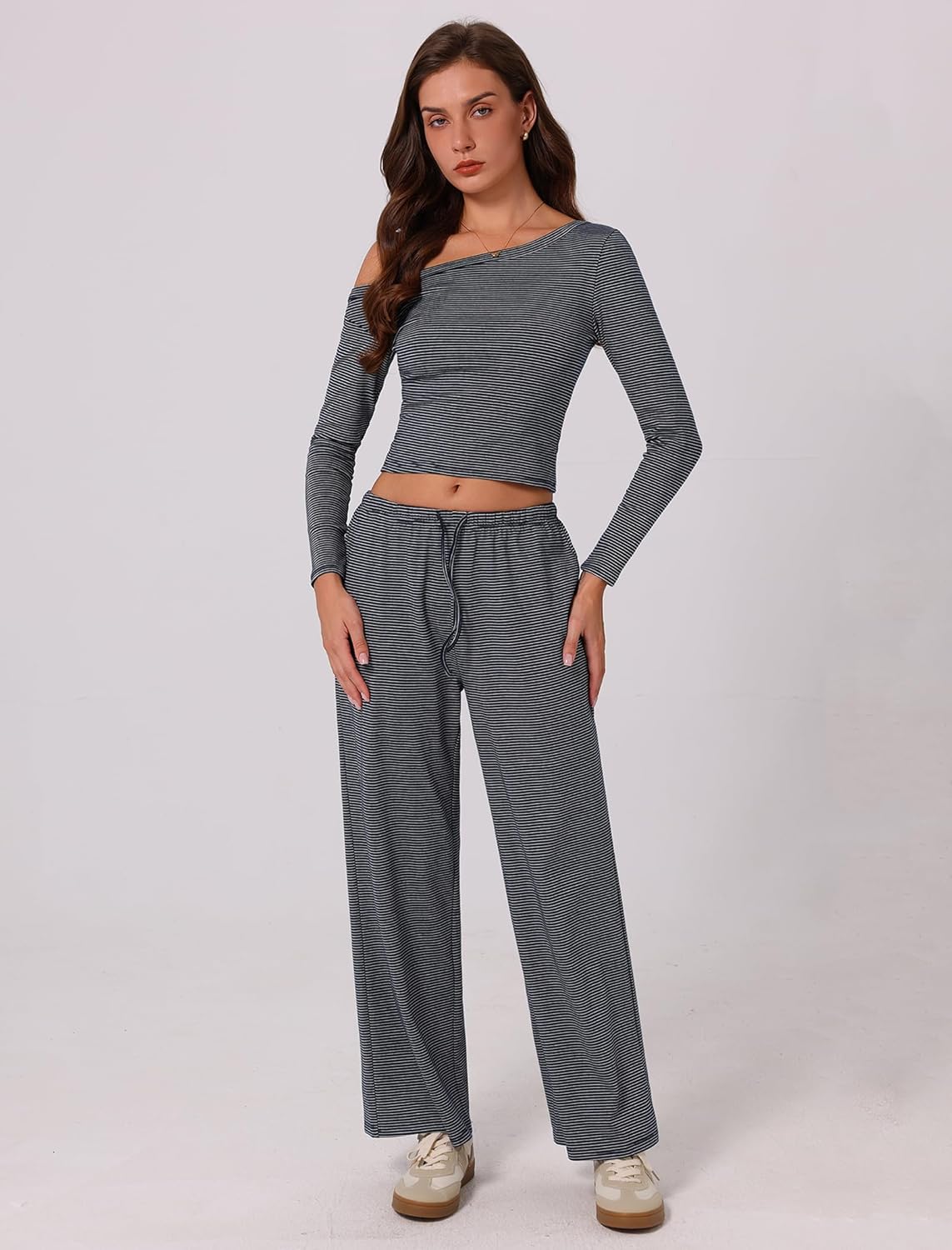 ABOCIW Women's 2 Piece Sets Fall Outfits Striped Off Shoulder Long Sleeve Top Wide Leg Pants Tracksuits Lounge Sets - Image 3