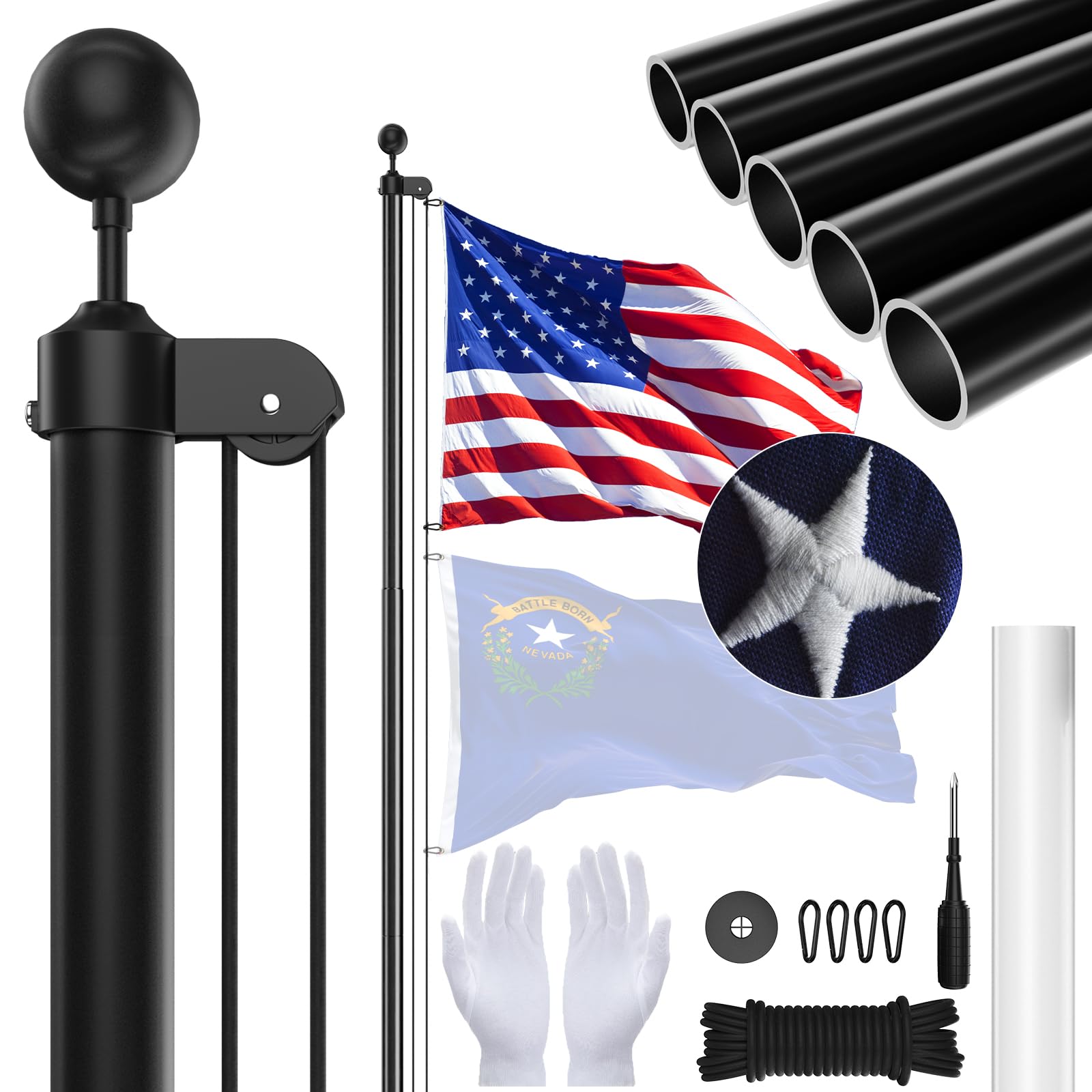 SCWN Heavy Duty Flag Pole in Ground-25FT 13 Gauge Extra Thick Aluminum Flagpole kit with 5x3 Nylon Embroidered Flag,for Outside Yard,Outdoor,Commercial or Residential-Black