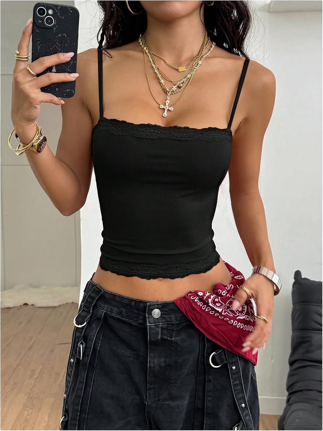 SweatyRocks Sleeveless Camisole Tank Crop Tops for Women Y2K Spaghetti Strap Lace Trim Slim Fit Basic Cami Shirts - Image 4