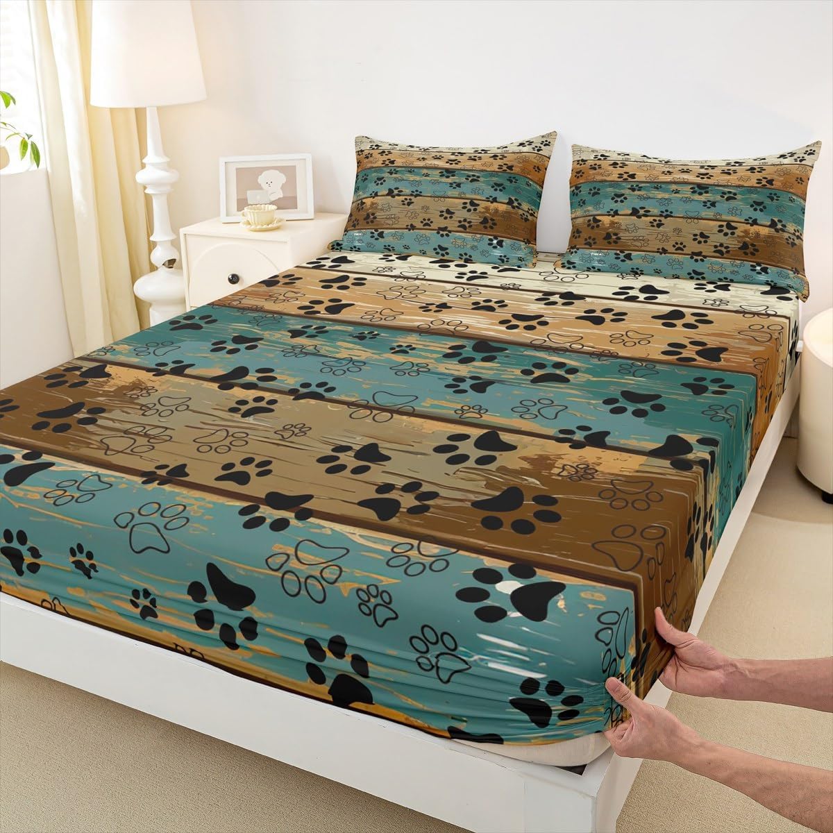 Manfei Paw Print Sheet Set Queen Size, Black White Animal Print Bed Sheet Set 4pcs with Deep Pocket Fitted Sheet + Flat Sheet + 2 Pillowcases, Rustic Farmhouse Style Bedding Set for Kids Boys Girls