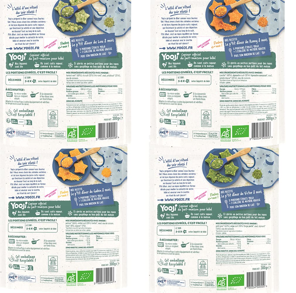 Yooji - P'tit dîner dès 8 mois - 36 repas du soir bio aux légumes et céréales purée avec petits morceaux en forme d'étoile pour bébé