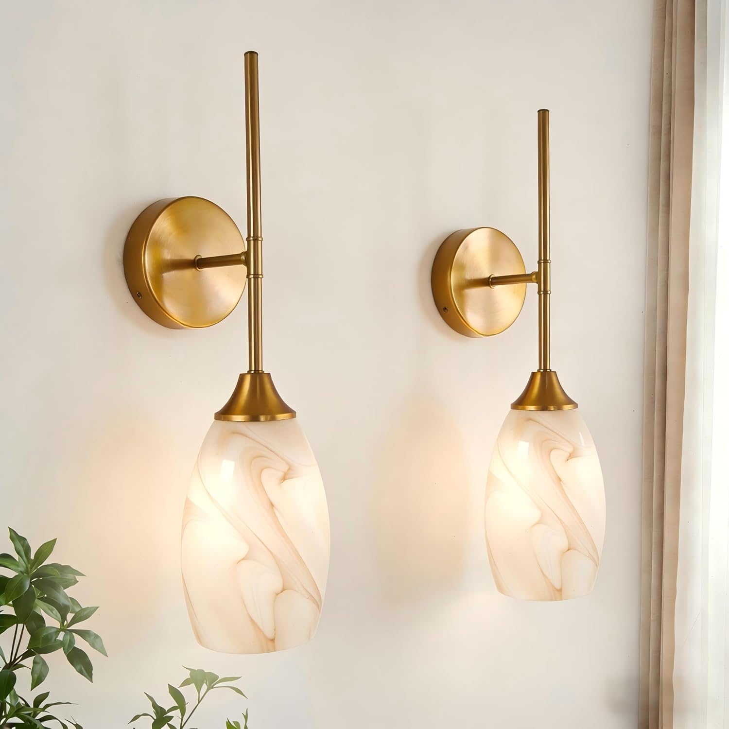 Gold Marble Milk Glass Wall Sconces Set of 2,Hardwired Indoor Wall Light Fixtures for Living Room, Hallway, Bedroom, Ceramic E26 Sockets (Bulbs Not Included)