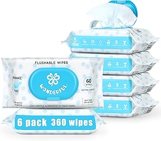 WONDERFUL Flushable Wipes, Unscented 100% Plant-Based Wet Butt Wipe for Adults & Kids, Sewer Septic Safe, Gentle for Sensitive Skin, Wipes Flushable Pack for Bathroom & Travel, 6-Pack (360 Counts)