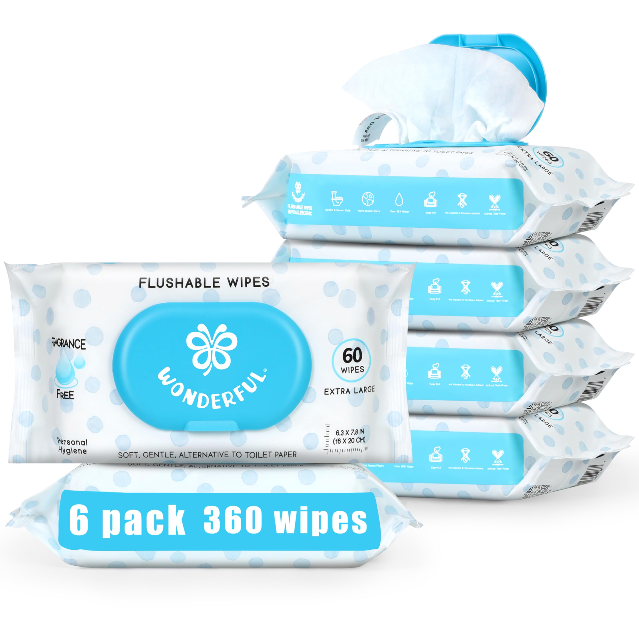 WONDERFUL Flushable Wipes, Unscented 100% Plant-Based Wet Butt Wipe for Adults & Kids, Sewer Septic Safe, Gentle for Sensitive Skin, Wipes Flushable