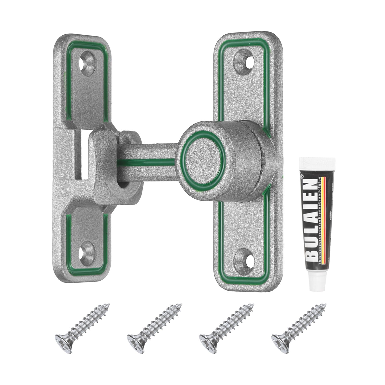 sourcing map 90/180 Degree Positioning Gate Latch, Zinc Alloy Flip Sliding Barn Door Lock with Handle, Heavy Door Latches for Barn Cabinet Wood Fence Garage (Silver/Green Edge)