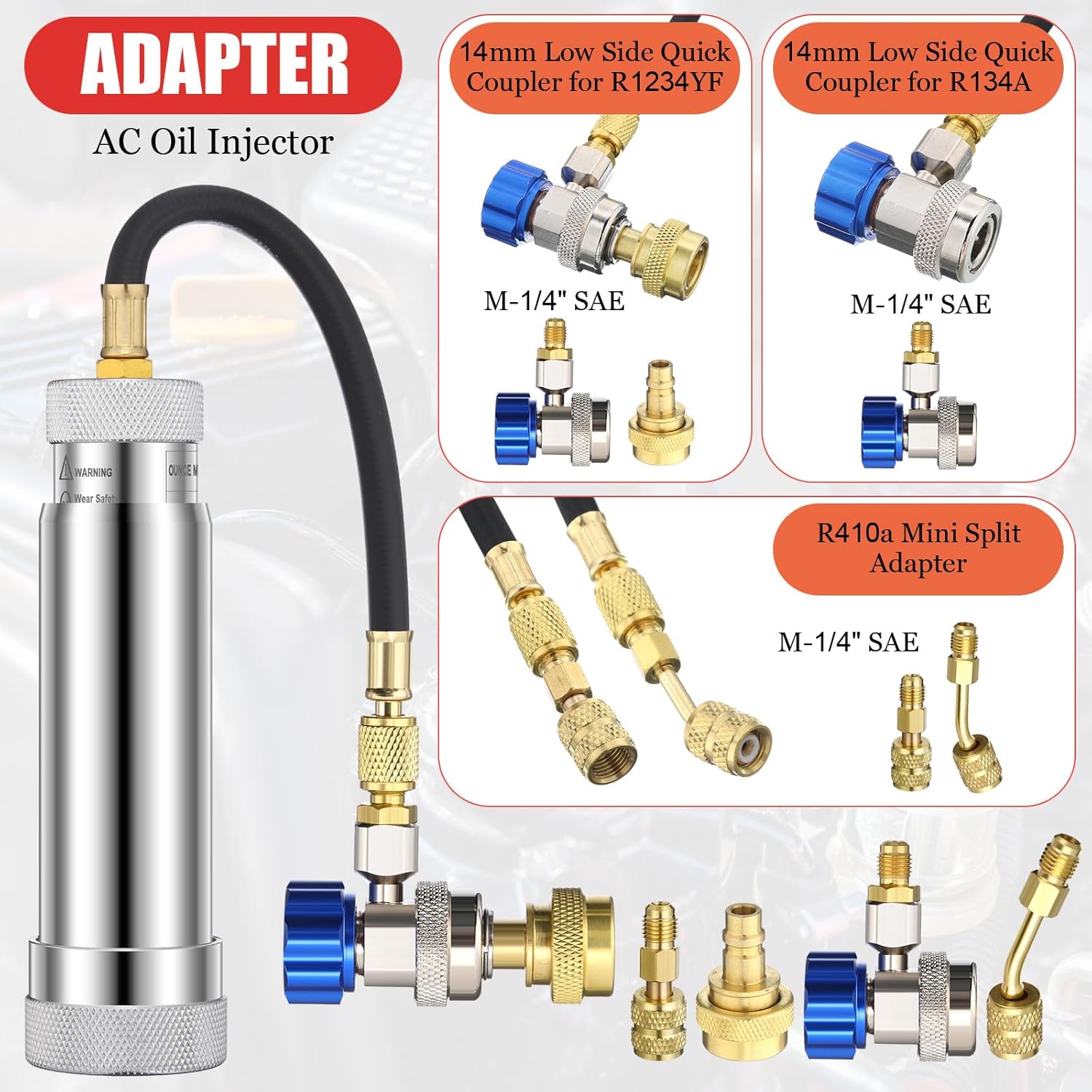 AC Leak Detector Kit, R1234yf R134a R410a AC Oil UV Dye Injector Kit Refrigerant Leak Detector Tool Low Side Quick Coupler Mini Split Adapter Glasses Flashlight(Practical)