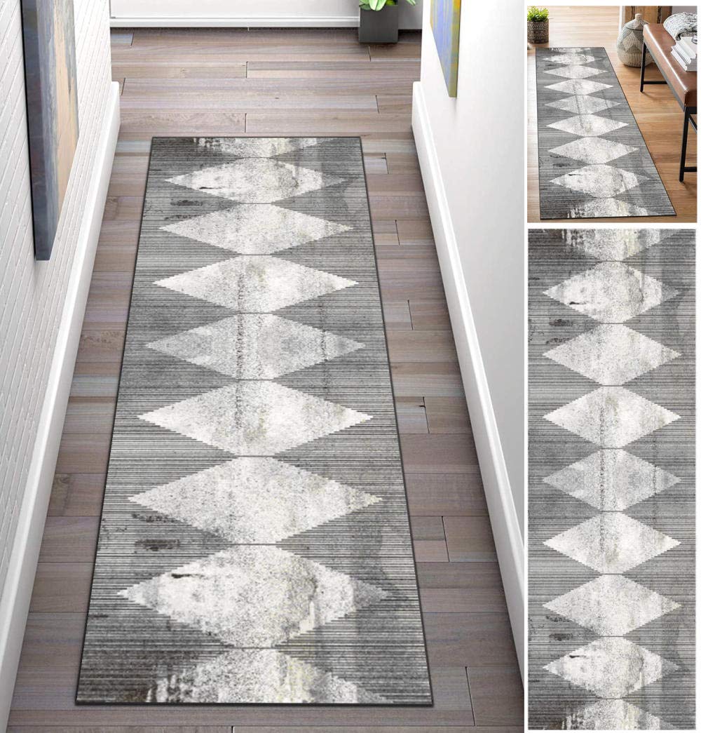 Bieżnik dywanowy 110 x 240 cm, geometryczna krata, szary, długie chodniki, dywaniki kuchenne, antypoślizgowe, zmywalne, do sypialni, do przedpokoju, salonu