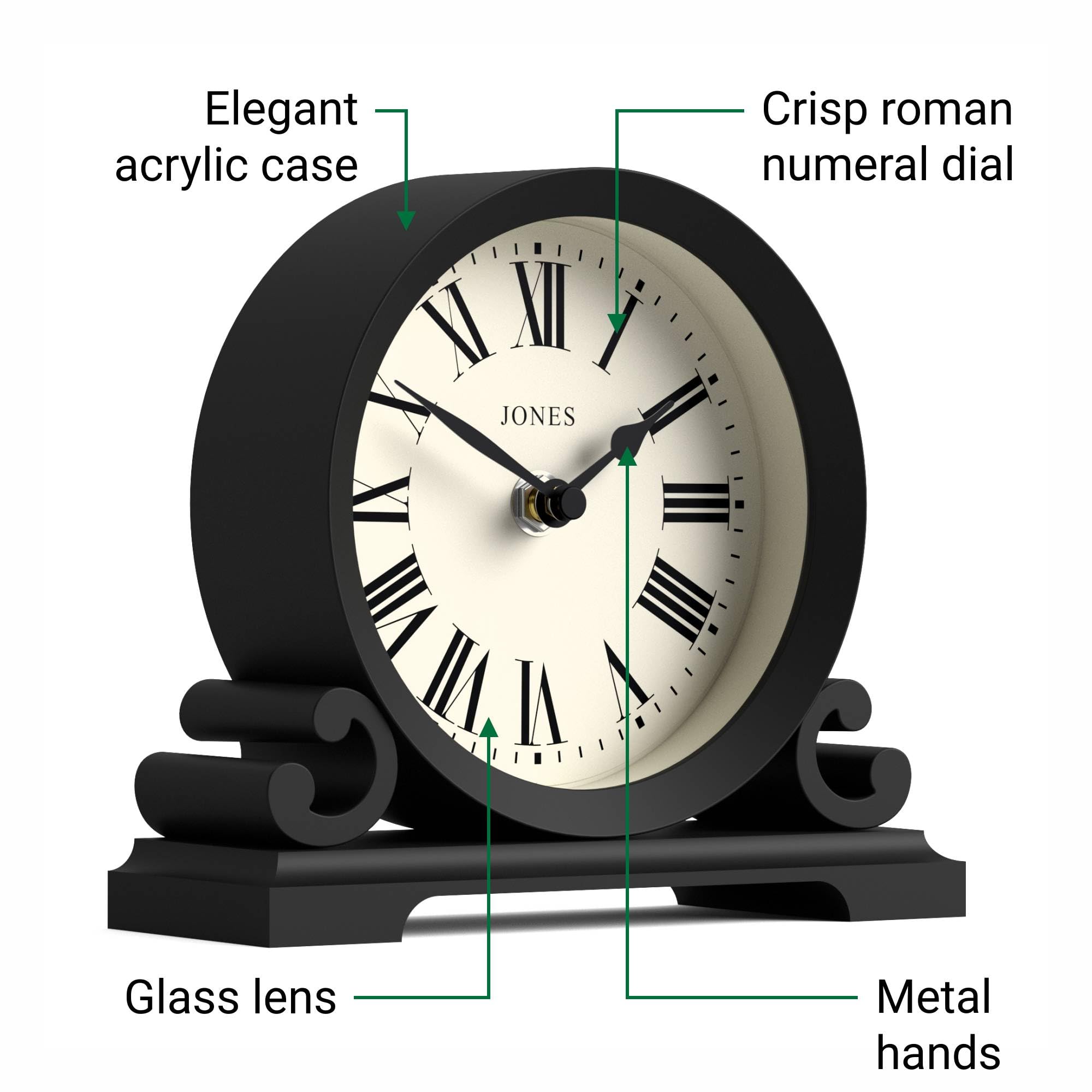 JONES CLOCKS® Saloon Reloj de repisa | Diseño de Doble pergamino Tradicional pequeño | Negro | Números Romanos | Estilo clásico para Escritorio, Mesa, estantería o mesilla