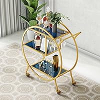 Vista 9 de Carrito de bar, carrito de servicio de barra dorada de 3 niveles mejorado con soporte de vidrio y ruedas, carrito de barra redonda con mango