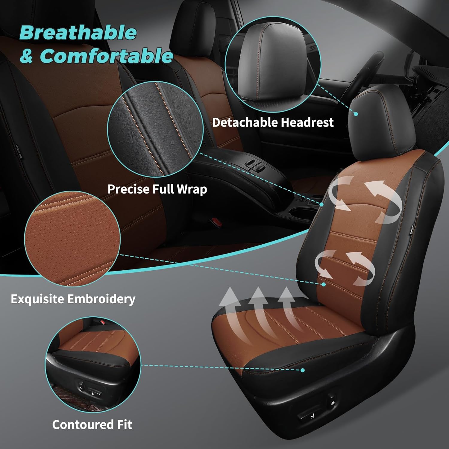 Seat Covers for Toyota Highlander 2014 2015 2016 2017 2018 2019 7 Seats Full Set Faux Leather, 3-Row Second Row Captain's Chairs, Waterproof Leather Car Seat Cover - Black Brown