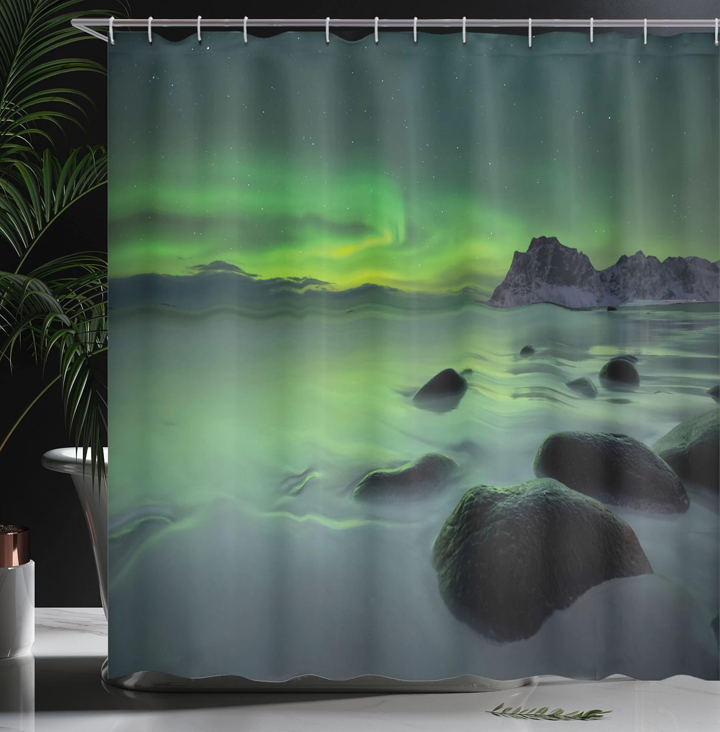 Ambesonne Aurora Borealis Shower Curtain, Magic Nature Panorama Coastline Oval Energy Sky Mist Picture, Cloth Fabric Bathroom Decor Set with Hooks, 69" W x 75" L, Lime Green Almond Green