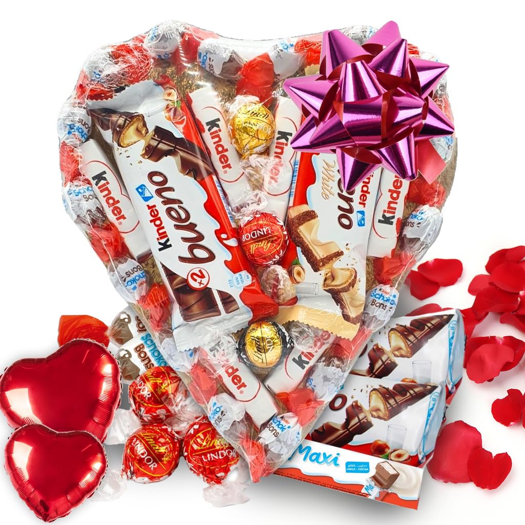 Corazon de Chocolate con Kinder Bueno, Kinder Shochobons, Kinder Chocolate y Bombones Lindt. Regalo Ideal para Parejas. [IAMI]