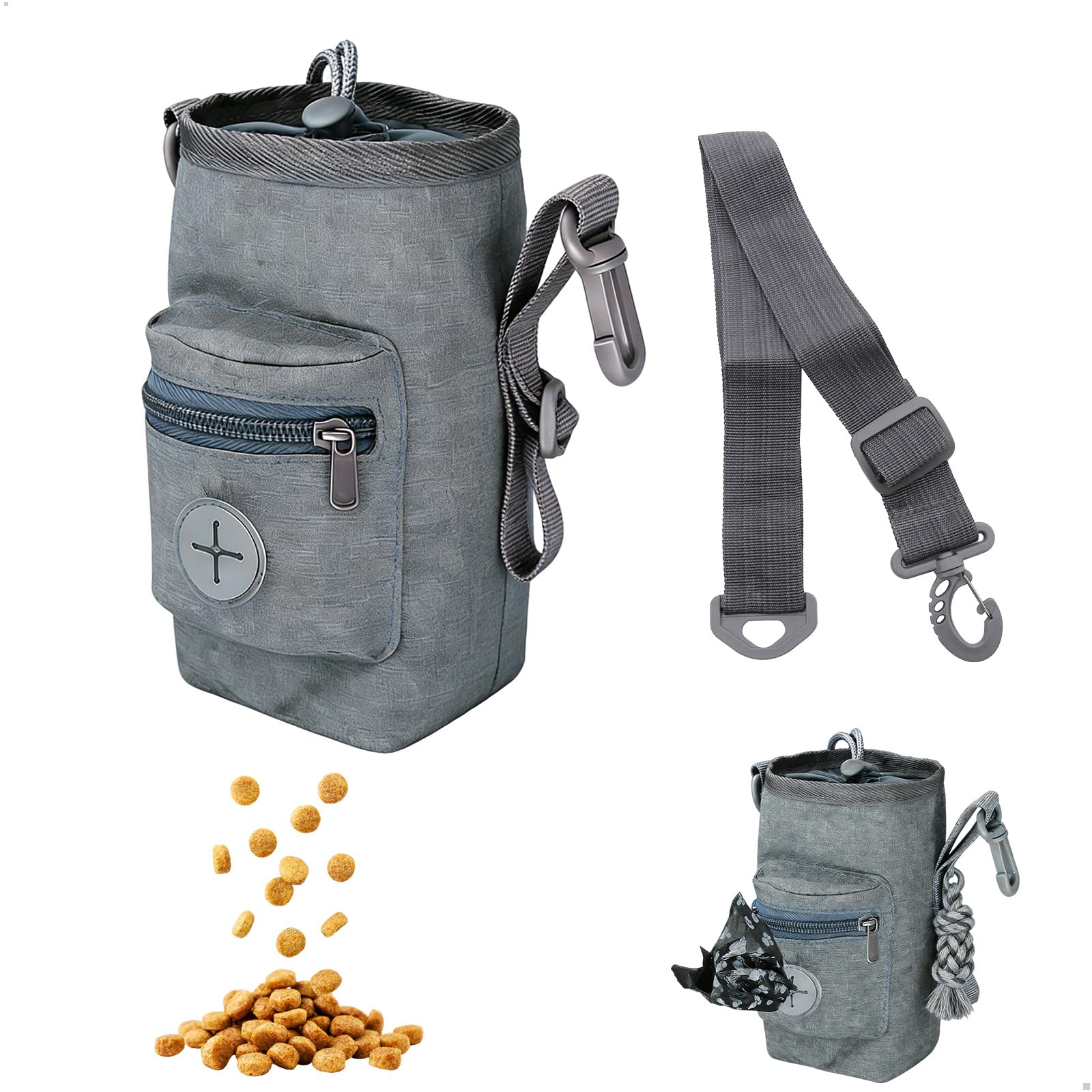 Porta Premietti per Cani, Porta Sacchetti Cane, Borsa Addestramento Cane con Cordoncino Porta Crocchette Contenitore Crocchette Porta Snack Cane, Cintura Regolabile per Vita, Grigio