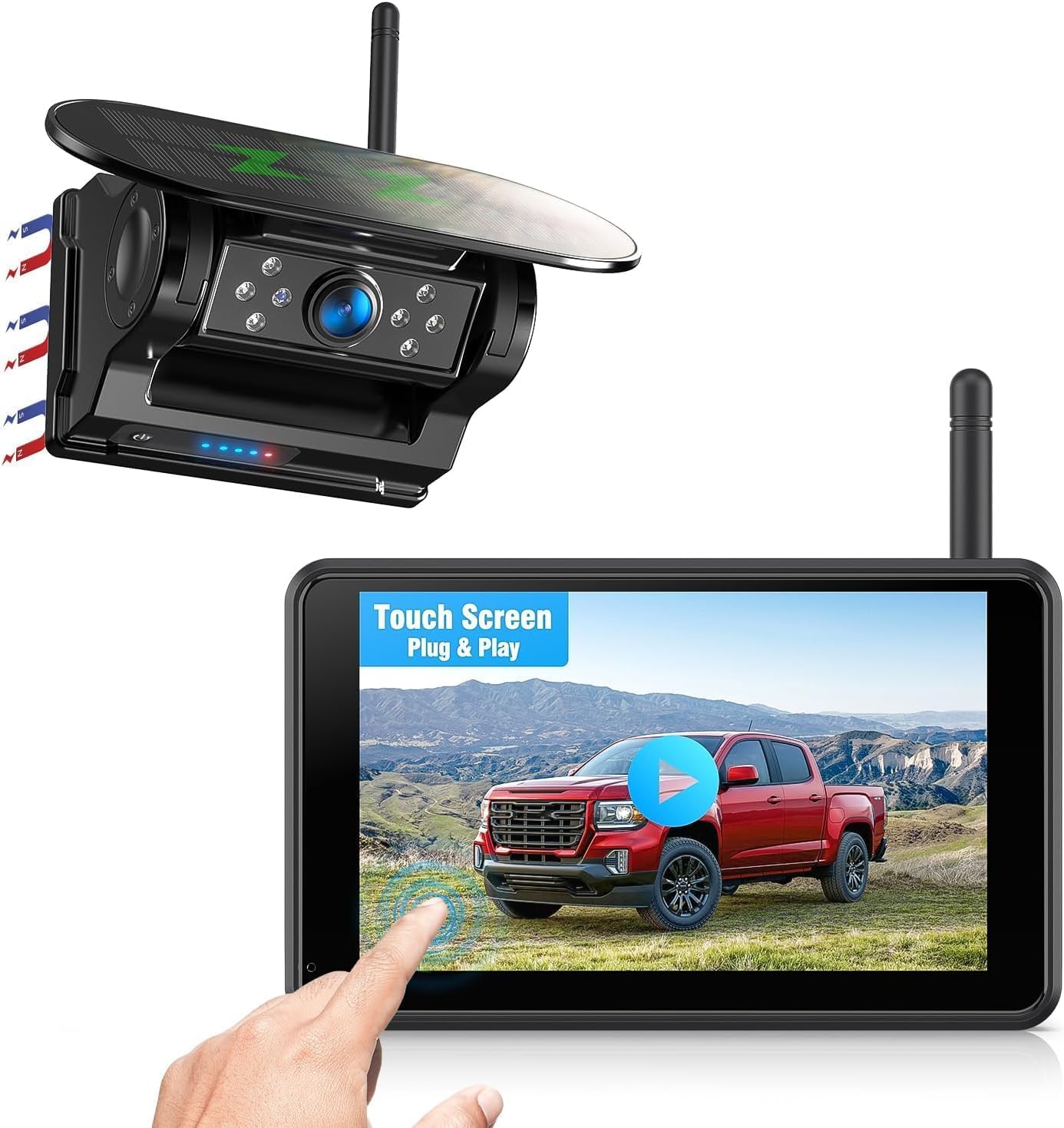 Magnetisch Solar Rückfahrkamera Kabellos 5" 1080P Touchscreen Monitor DVR BSD Infrarot-Nachtsicht IP69K wasserdicht