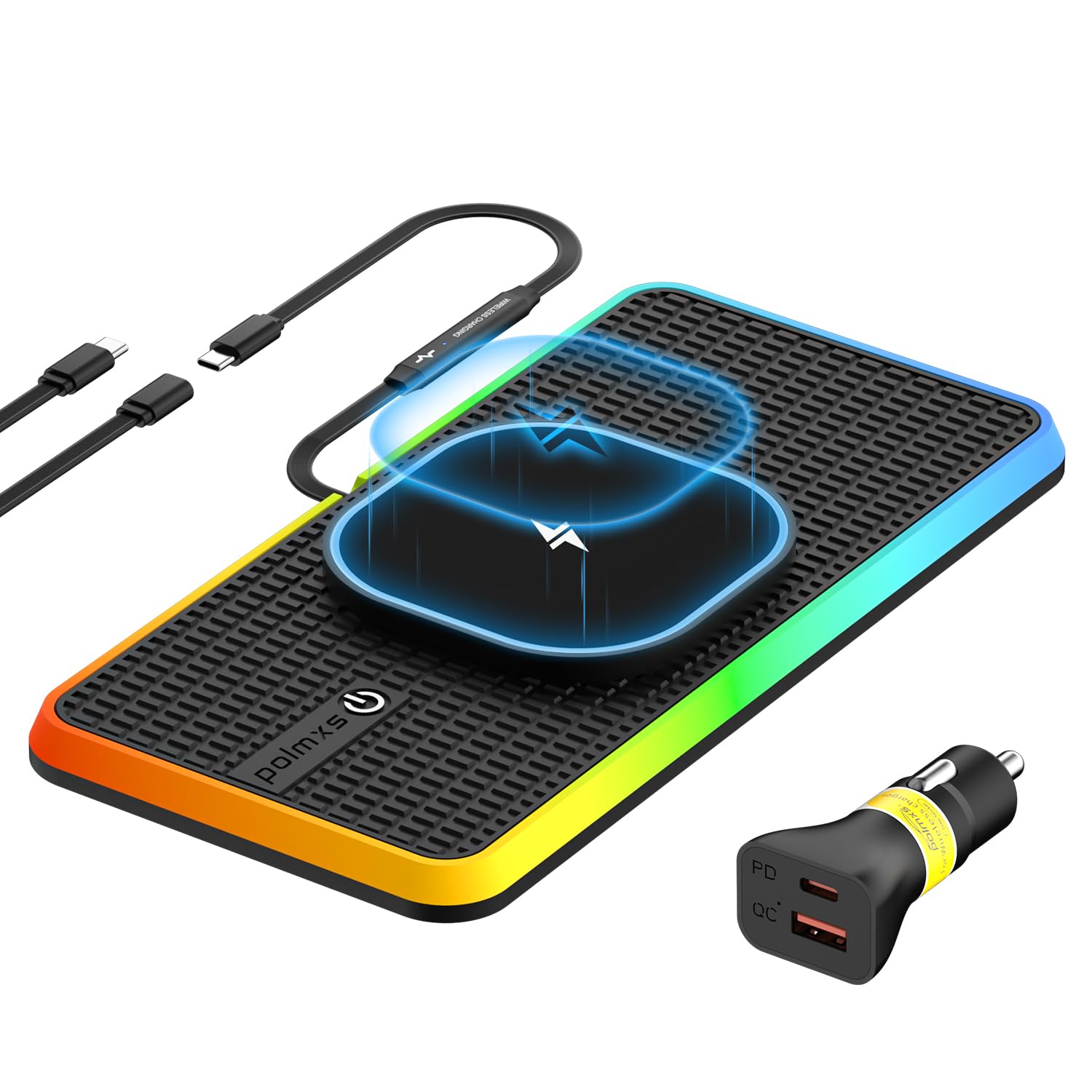 Tappetino di Ricarica Wireless Auto RGB per MagSafe, Polmxs Caricatore Wireless Auto Magnetico da 15W con LED, Cavo da 30cm + Prolunga da 70cm Compatibile con iPhone 16–12 Pro, AirPods (K1MAG)