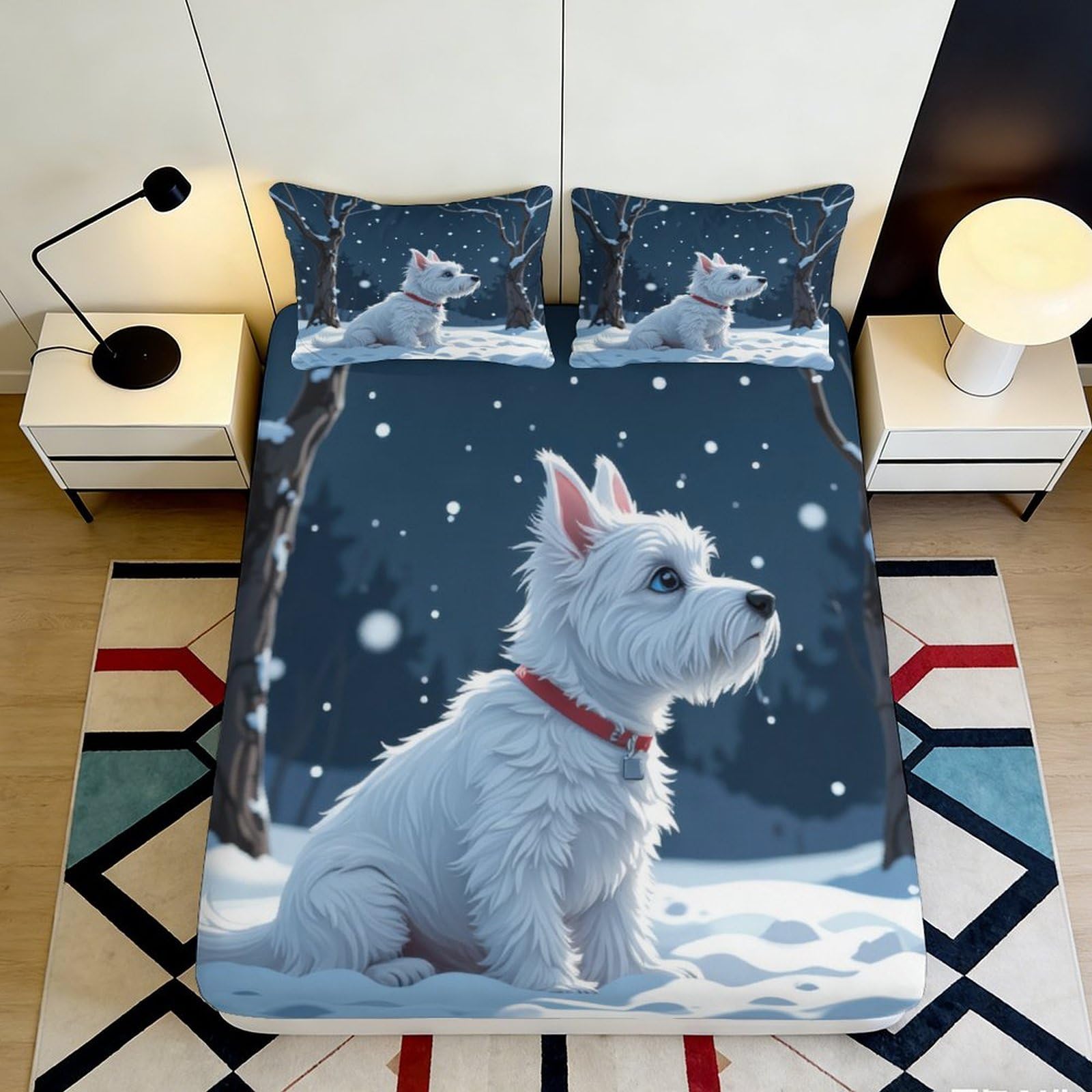 3D Printed Snowy White Dog Fitted Sheet Microfiber Soft Bed Cover for Bedroom Guest Room Easy Care Decor 90x200x25cm