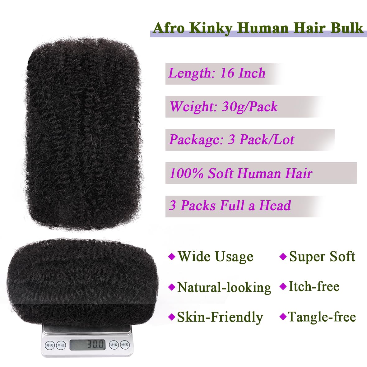 Kackanaa 16 Inch Afro Kinky Curly Human Hair Bulks for Dreadlock Extensions - Image 4