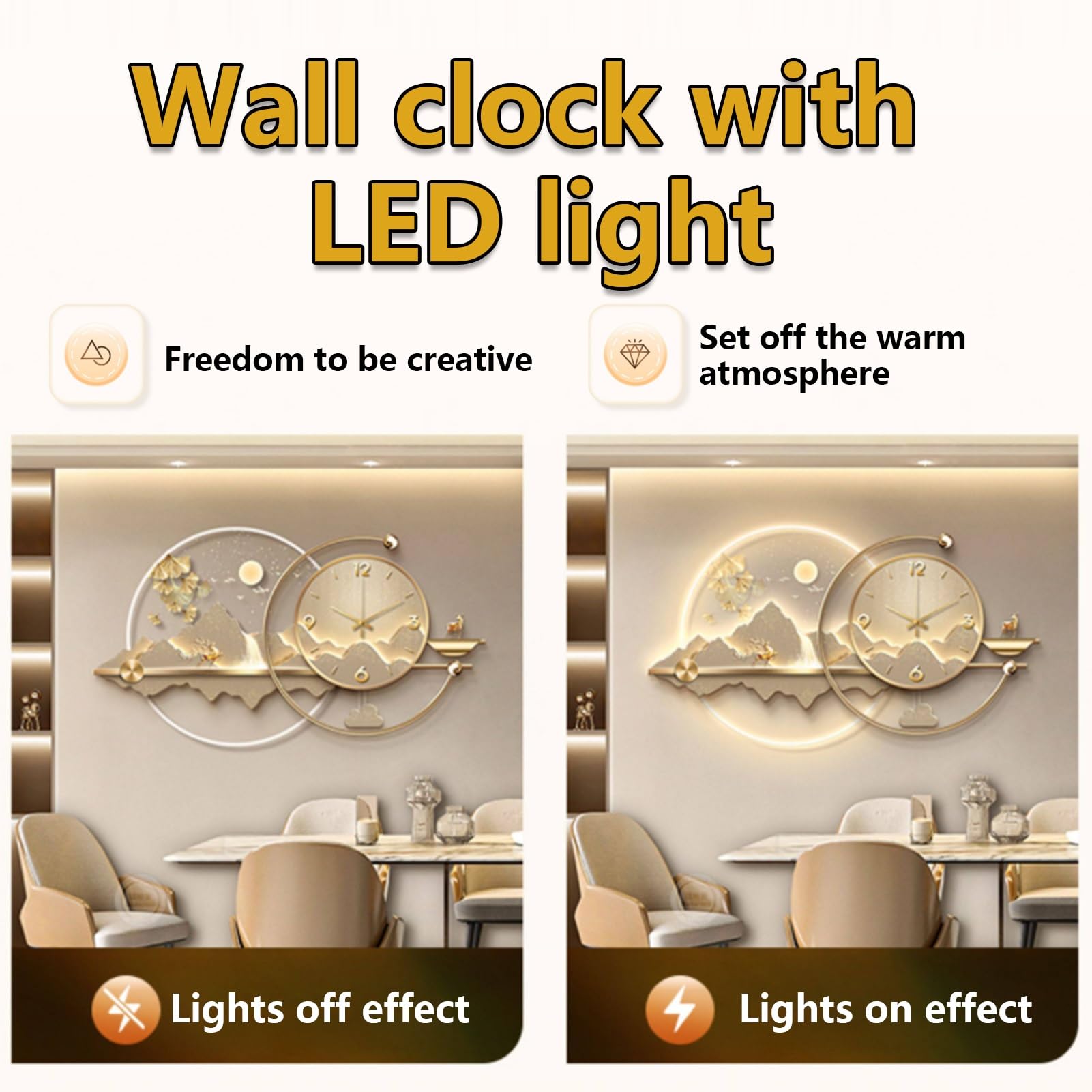 Zegar Ścienny 3D Z Oświetleniem LED – Cicha, Bezgłośna Rzeźba Akrylowa Efektem Lustra; Dekoracja Wisząca Do Salonu I Sypialni(Gold,140 * 80cm/55 * 31.5in)