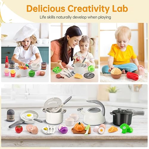 Miniatura 80 de Juego de cocina de 130 piezas, ollas de juego de cocina para niños, sartenes, utensilios de cocina, alimentos diarios, frutas y verduras, cesta