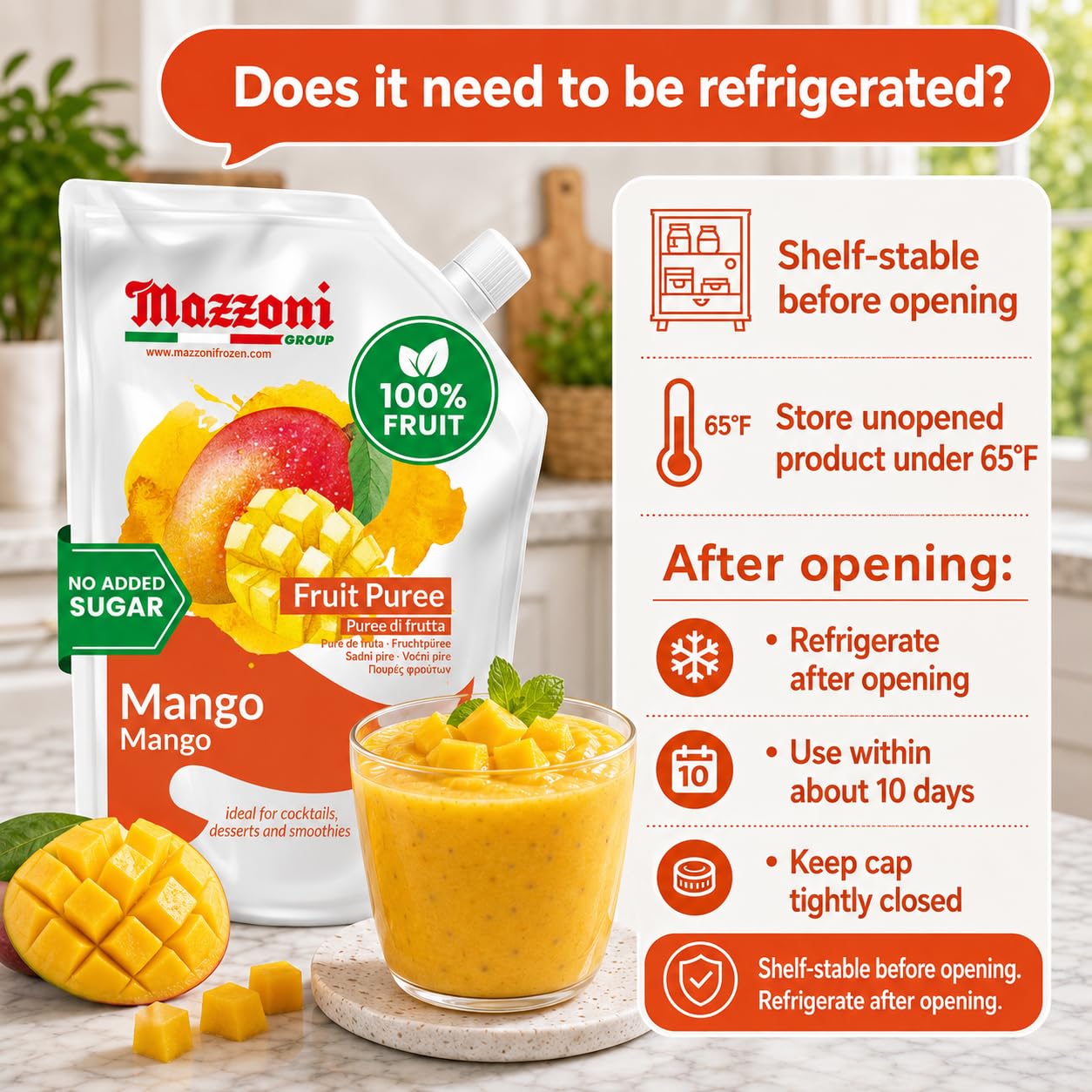 Purée de mangue, 100 % pure mangue, juste des fruits, sans sucre ajouté, vrais fruits pour smoothies, boissons, cocktails, jus de fruits, lassi à la mangue, pulpe - 1 kg - pochette pratique, mazzoni