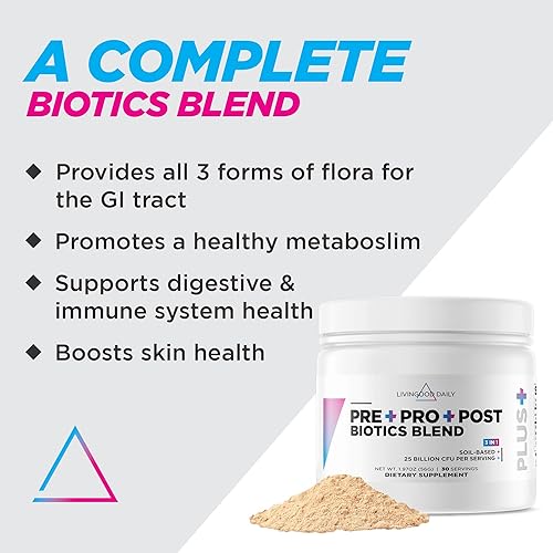 Miniatura 2 de Livingood Daily Pre Pro Post Biotics Mezcla en polvo, suplemento de salud digestiva con prebióticos de inulina de agave azul orgánico, probióticos