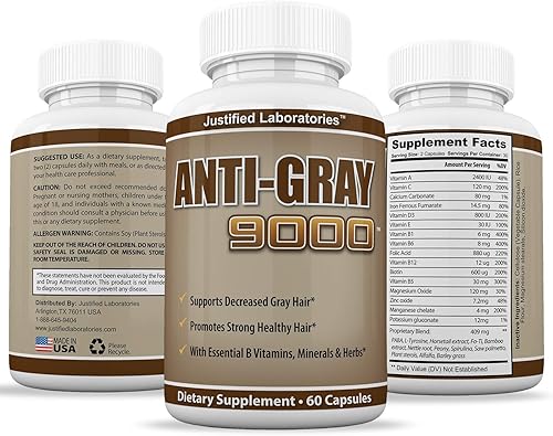 Miniatura 5 de Justified Laboratories Cabello anti canas 9000 ayuda a restaurar el color natural del cabello, 60 cápsulas por botella, paquete de 3