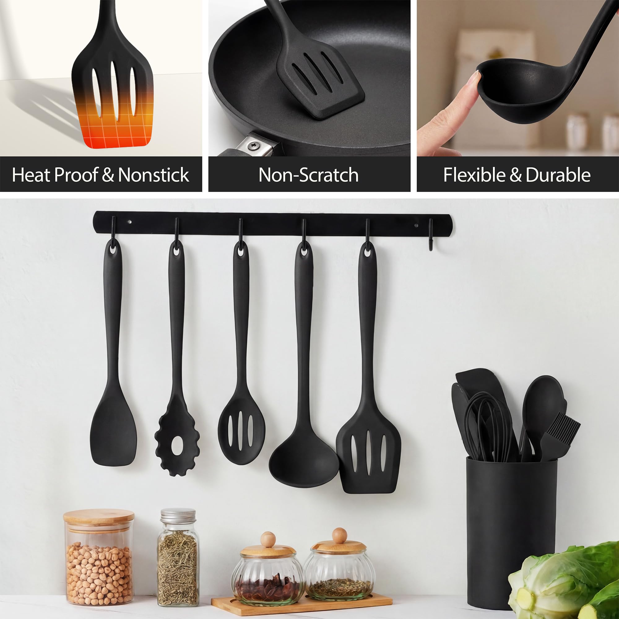 LIANYU Juego de 14 utensilios de cocina con soporte, utensilios de cocina de silicona resistentes al calor, incluye espátula, cuchara, batidor, pinzas, aptos para lavavajillas, color negro