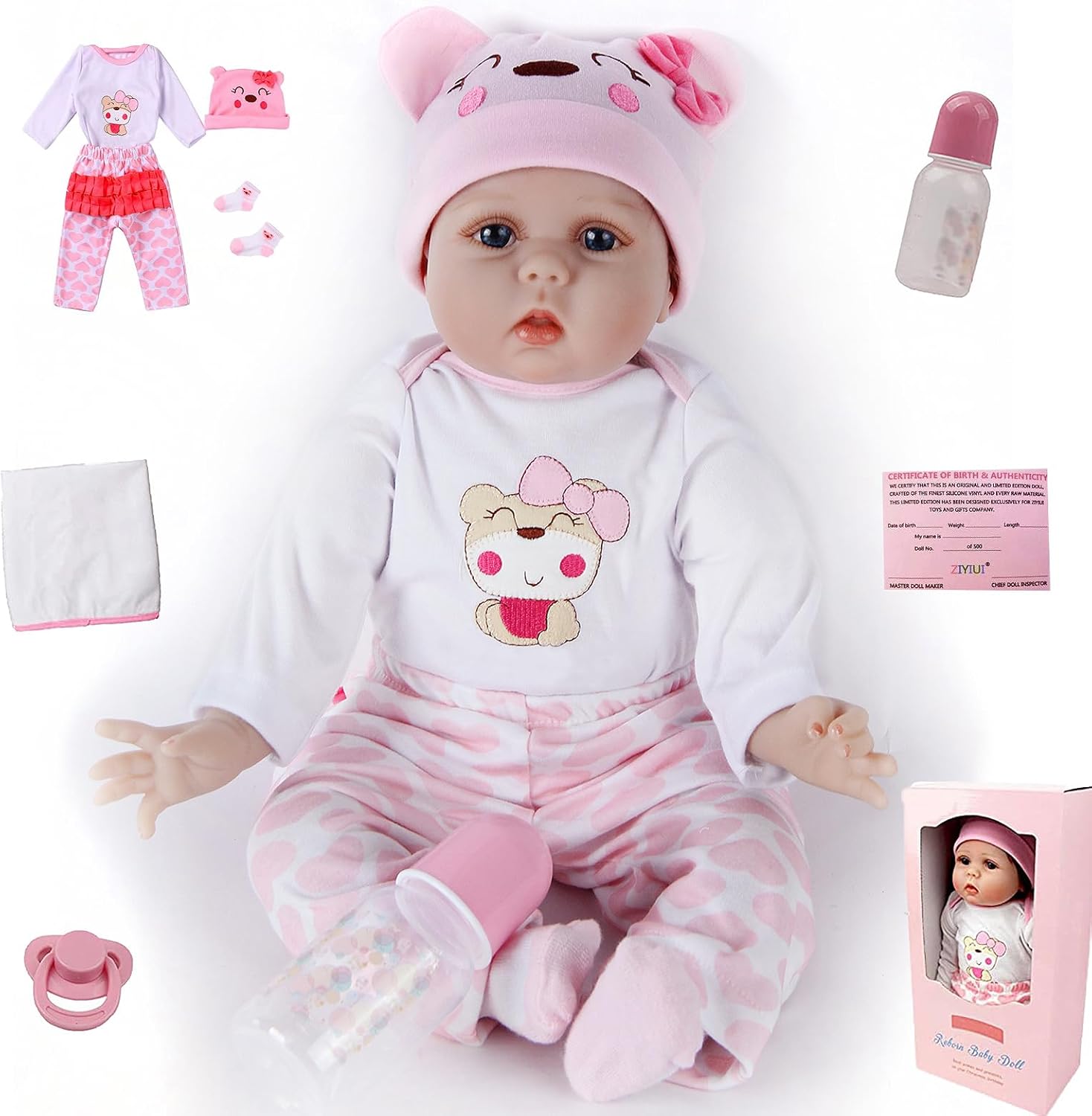 Realistic Baby Doll with Pink Outfit, Hat, 22inches Reborn Baby Doll and Plush Toy Design, 55cm Reborn Babies Lifelike Soft Silicone Vinyl Reborn Toddler Dolls Handmade 3 Years +