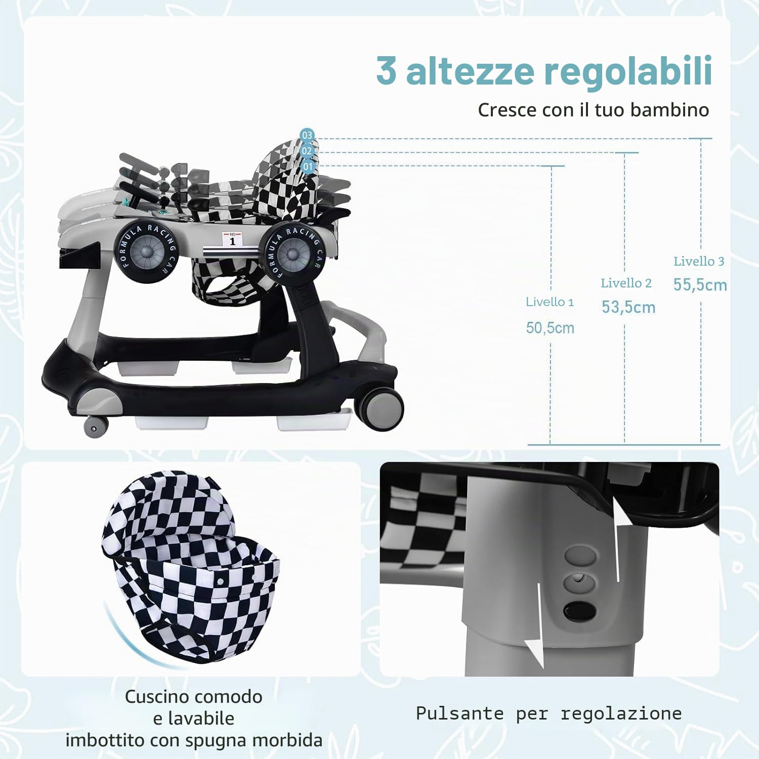 FANTASK Girello 4 in 1 con altezza e velocità regolabili, Baby Walker con scatola musicale, luce e ruote, per bambini dai 6 mesi, portata 12 kg (grigio)