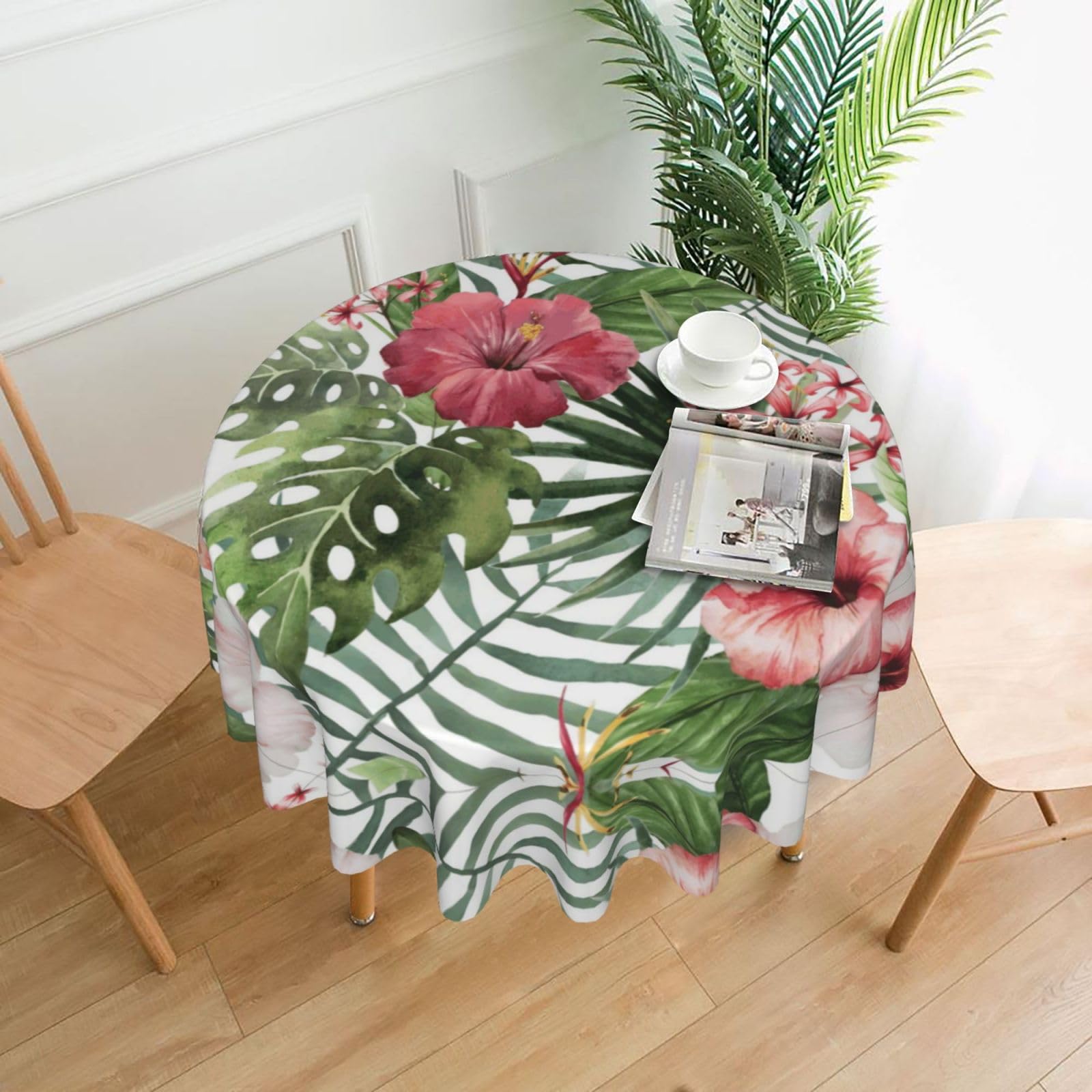 HLSBSSL Tropical Leaves Printed round decorative tablecloth, 60 inches, suitable for various tables in the living room, dining room, coffee table, etc.
